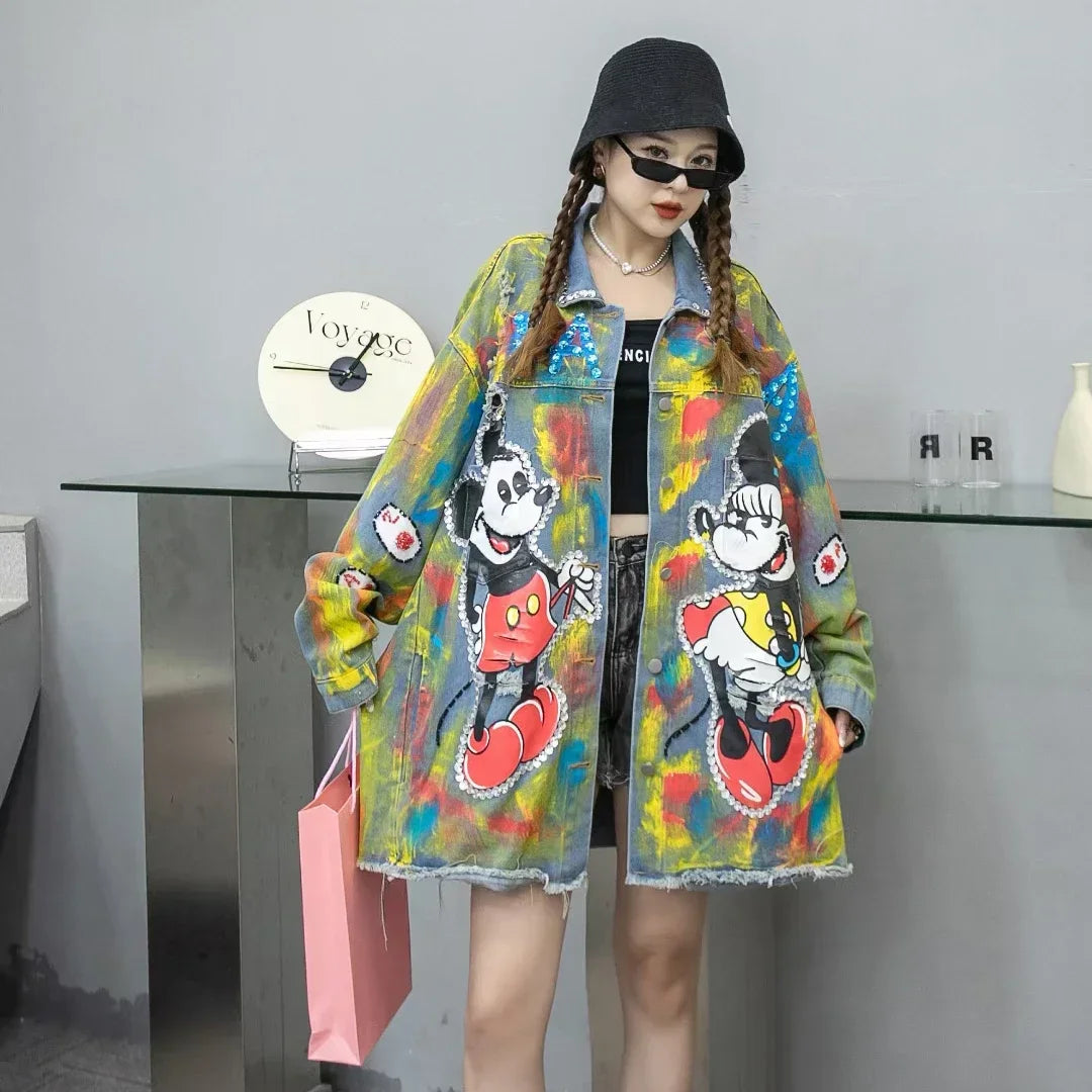 Jaqueta Jeans Oversized Bordada com Grafite e Apliques