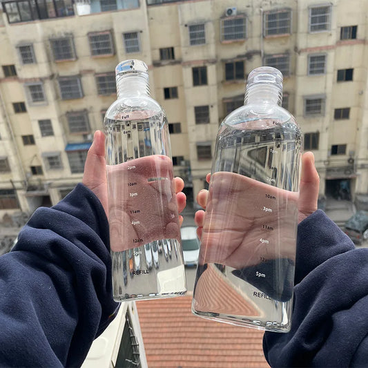 Garrafa de Vidro com Marcador de Horário e Capa Protetora (300ml a 1000ml)