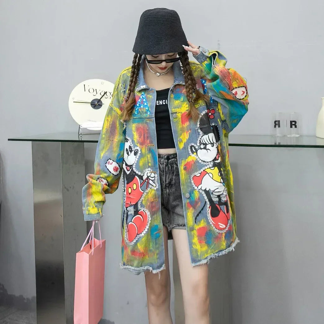 Jaqueta Jeans Oversized Bordada com Grafite e Apliques