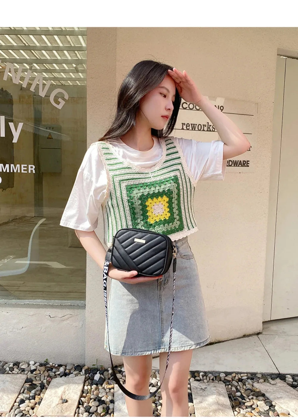 Bolsa Feminina Crossbody PU Textura Listrada Casual 2024