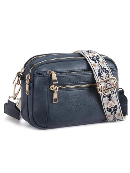 Bolsa transversal multifuncional com zíper e blocos de cores em estoque disponível, carteira de couro PU com alça de ombro ajustável