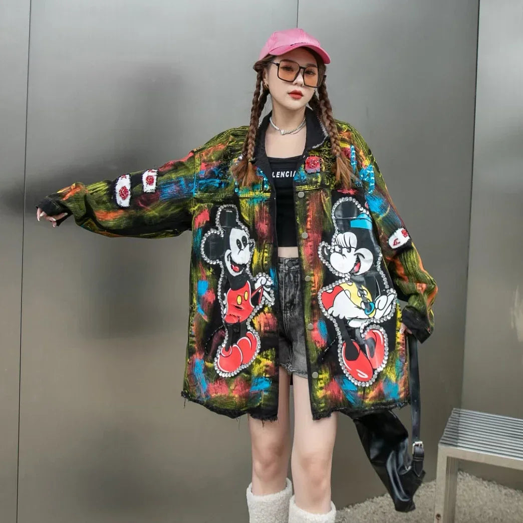 Jaqueta Jeans Oversized Bordada com Grafite e Apliques