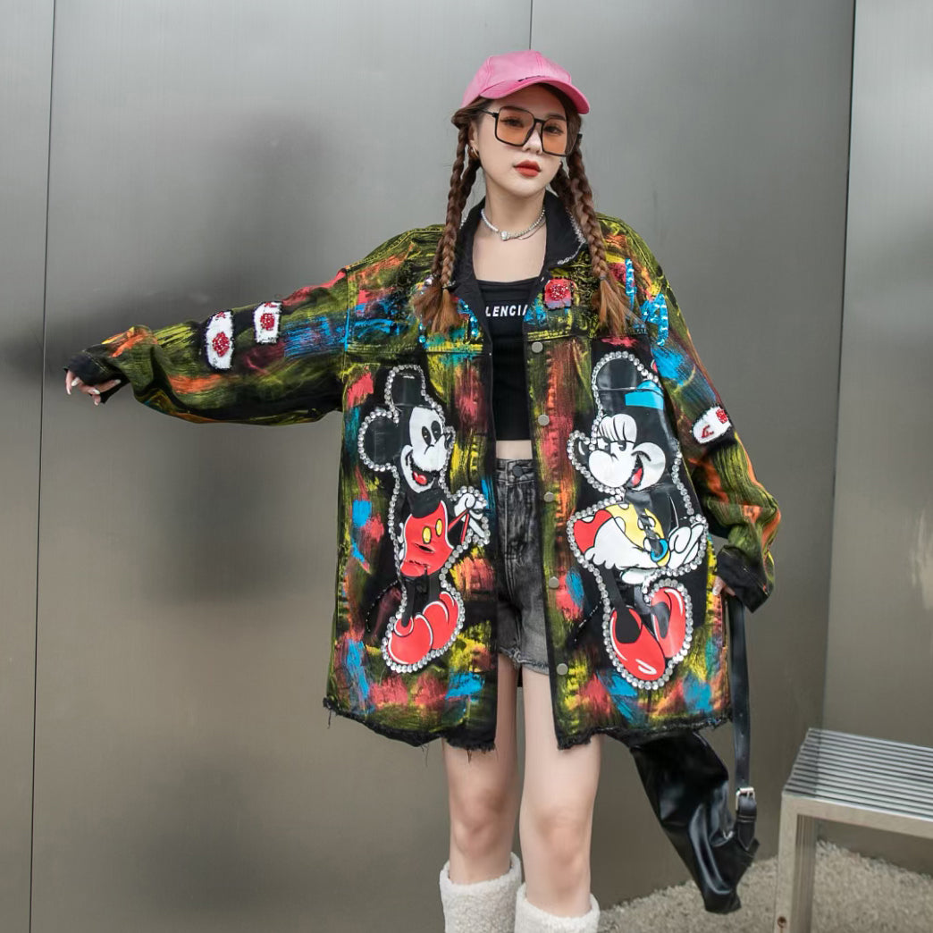 Jaqueta Jeans Oversized Bordada com Grafite e Apliques